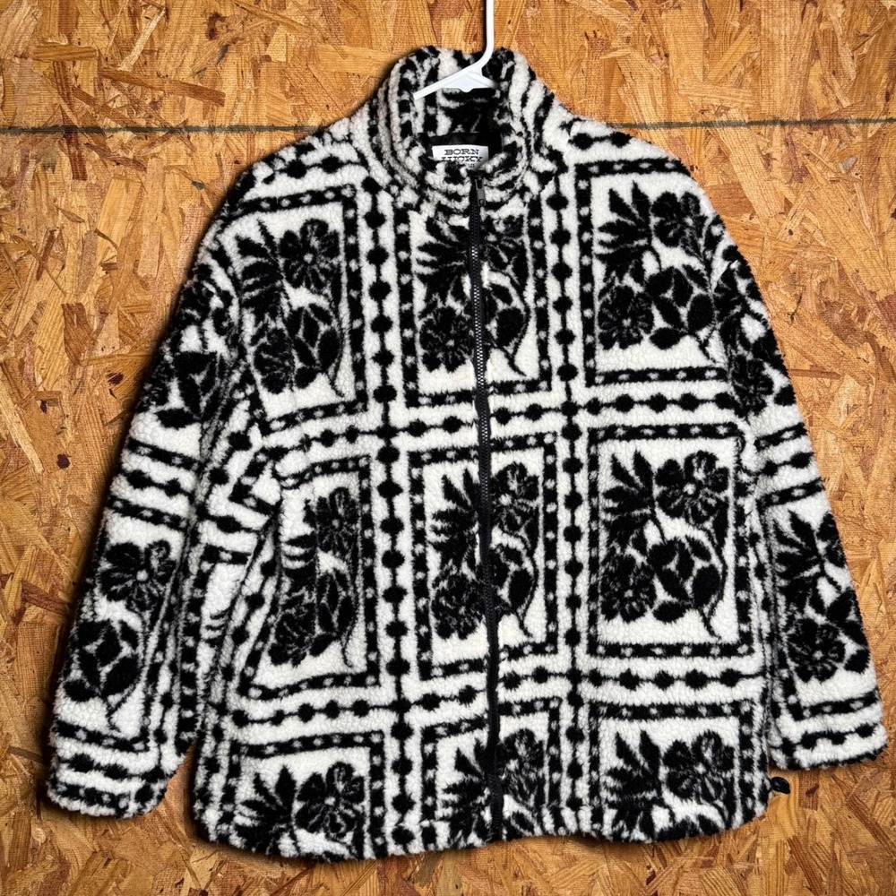 Floral Patchwork Print Bomber Zip‎ Jacket Deep Pile Fleece Sherpa Trendy Coat M